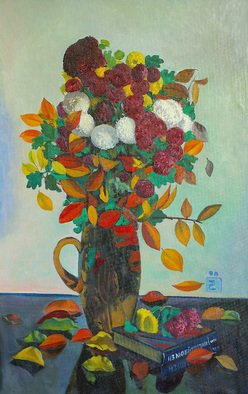 Moesey Li, 'Autumn flowers and leaves ', 1990, original Painting Oil, 53 x 82  cm. Artwork description: 1758 realism, still life, flowers, leaves, vase, book...